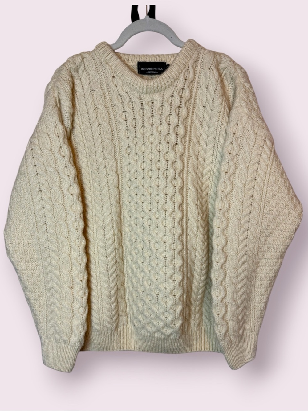 Rue Saint-Patrick Irish Wool Aran Cable Fisherman Sweater Cream Unisex Large